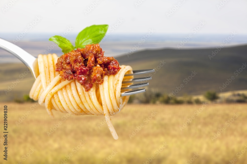 Spaghetti on fork with tomato sauce and parsley