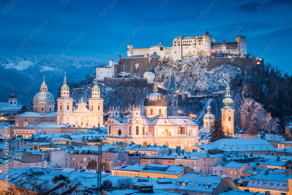 Classic view of Salzburg at Christmas time in winter, Austria