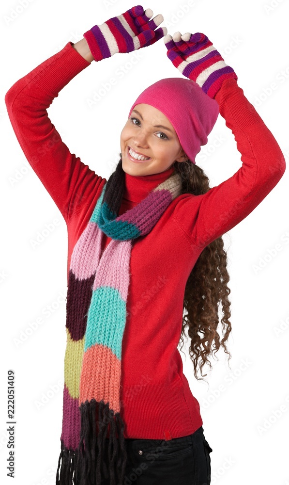 Young Woman In Winter Clothes Celebrating - Isolated