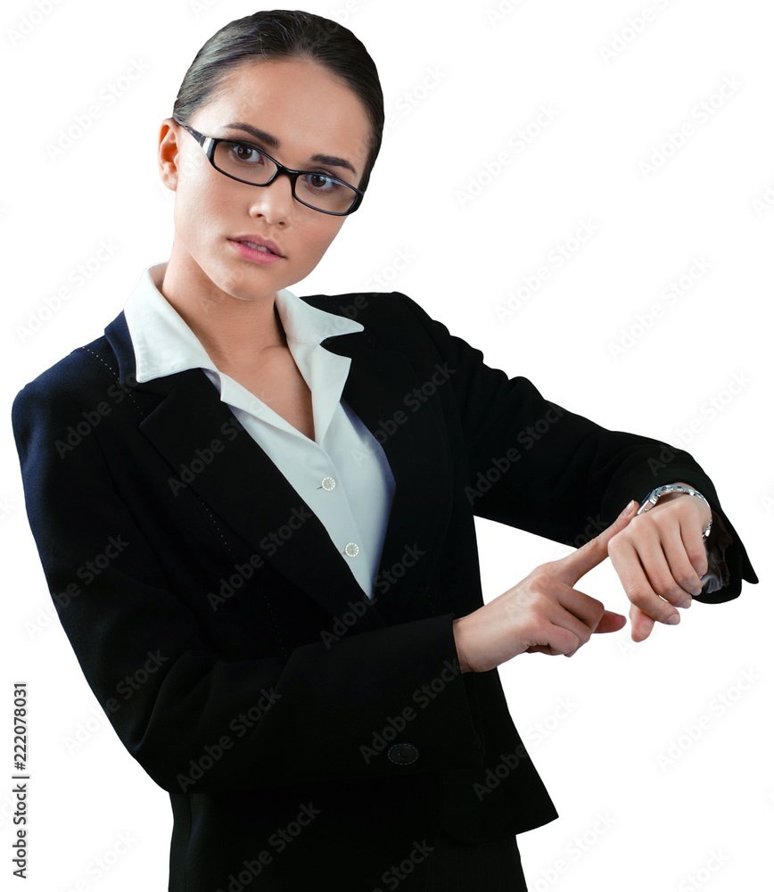 Businesswoman with Glasses Pointing at Watch - Isolated