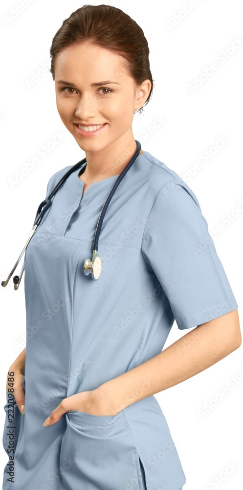 Female healthcare professional in scrubs