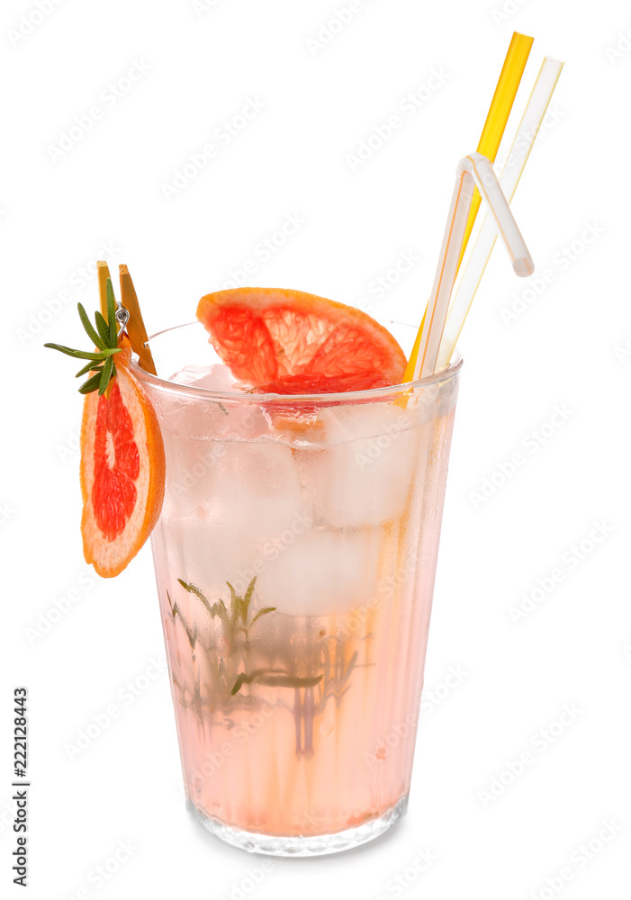 Fresh grapefruit cocktail with rosemary in glass on white background