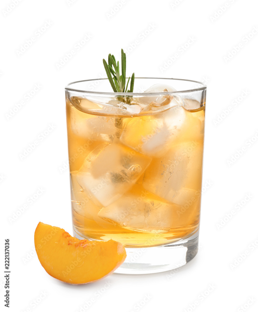 Peach cocktail in glass on white background