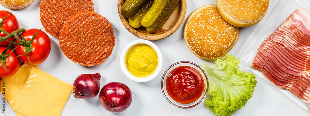 Homemade hamburgers, flat lay