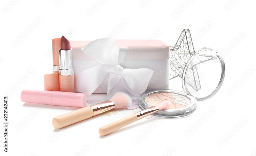 Set of decorative cosmetics with gift box on white background