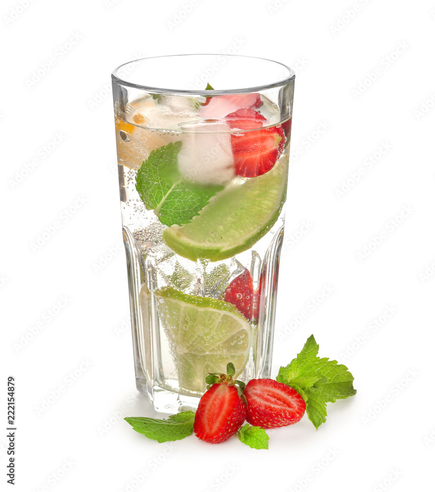 Glass of fresh strawberry lemonade on white background