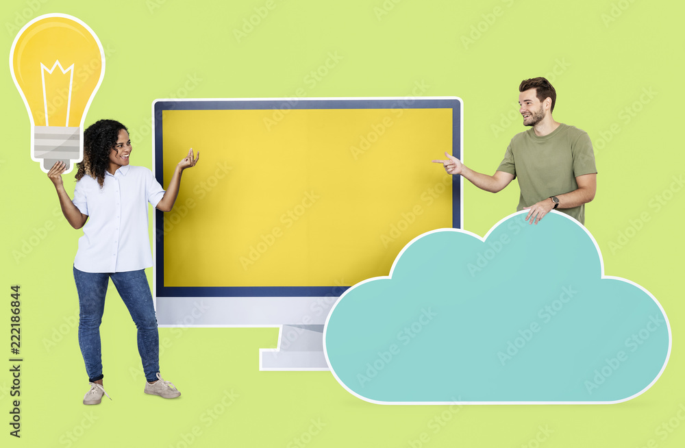 People with icons related to cloud technology and internet