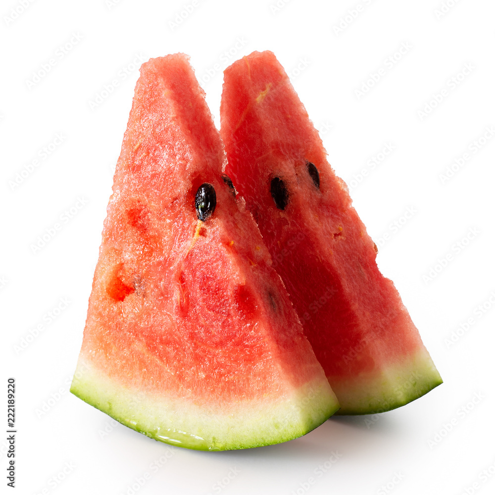 Two standing watermelon triangles with seeds  isolated on white.