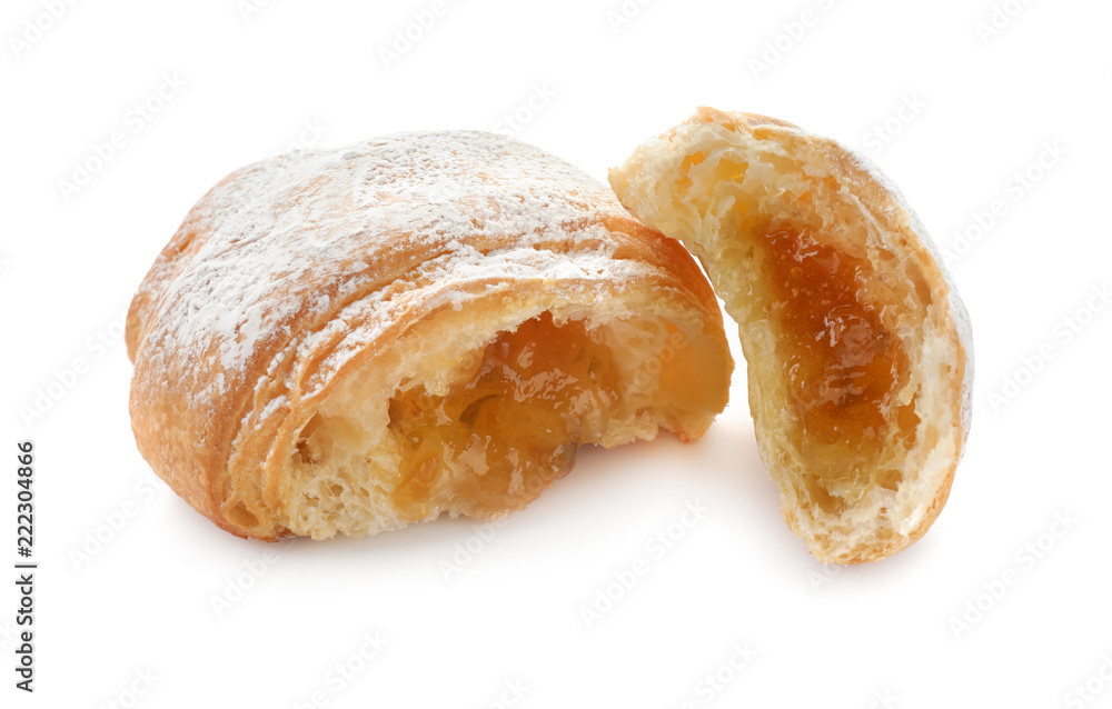 Tasty croissant with jam on white background