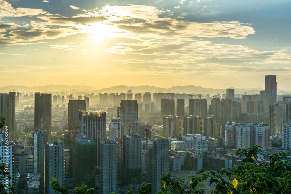 中国杭州城市天际线全景