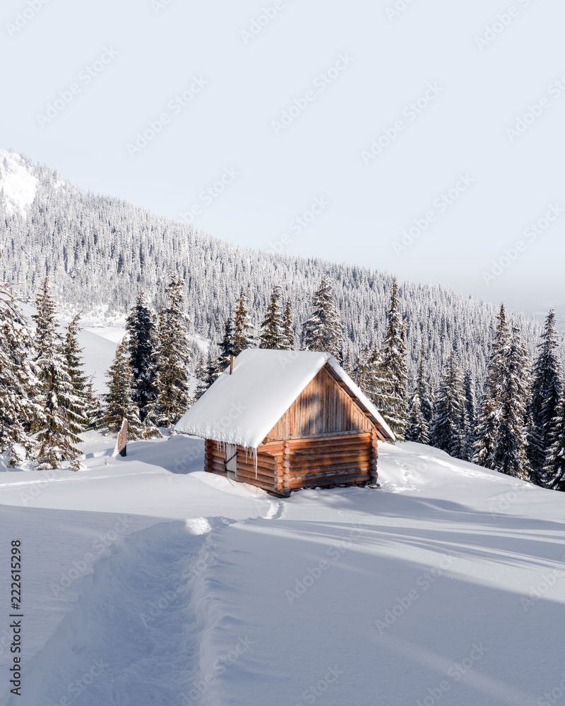 雪山木屋的奇妙冬季景观。圣诞假期概念。喀尔巴阡山