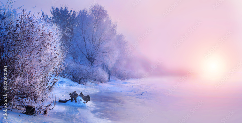 美丽的冬季景观背景，白雪皑皑的树木和结冰的河流。美丽的阳光获胜