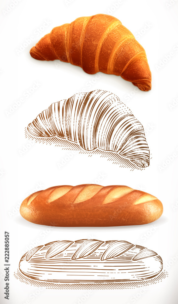 Bread. Croissant, loaf. 3d realism and engraving styles. Vector illustration