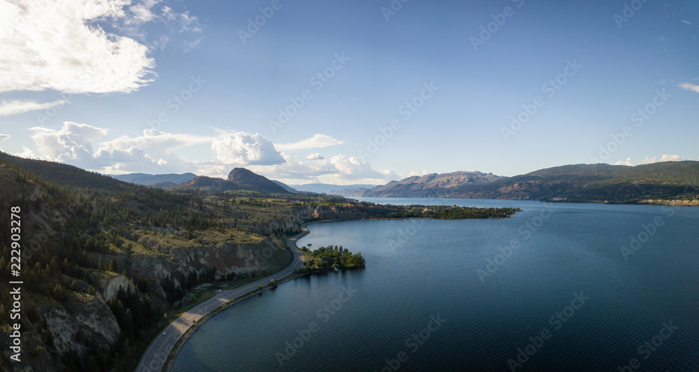 Aerial panoramic view of Okanagan Lake during a sunny summer day. Taken near Penticton, BC, Canada.