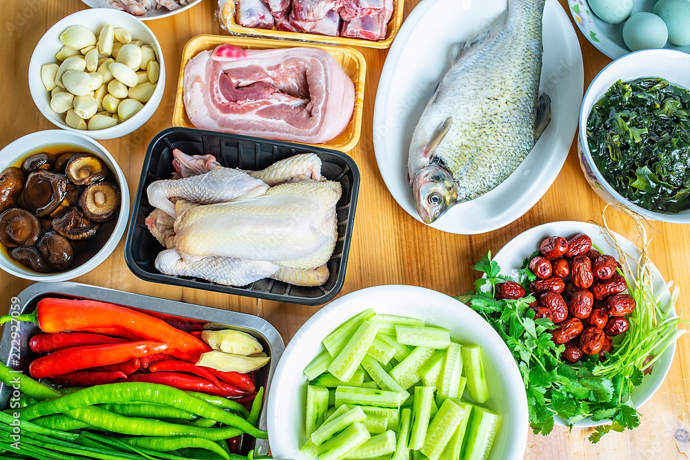 Fresh ingredients for cooking, vegetables and meat