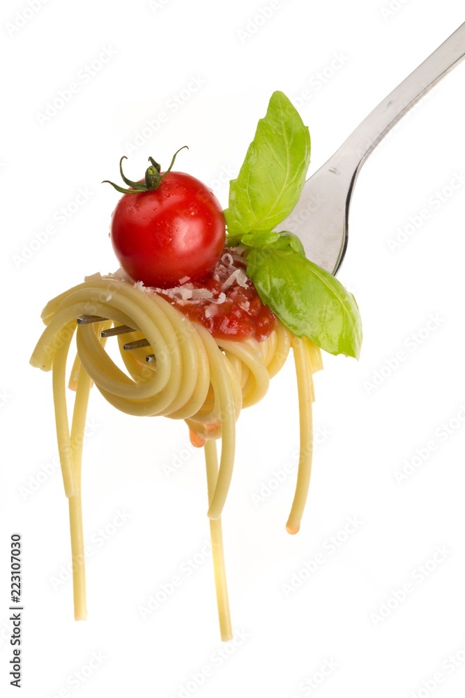 Spaghetti on a Fork with Tomato Sauce and Basil