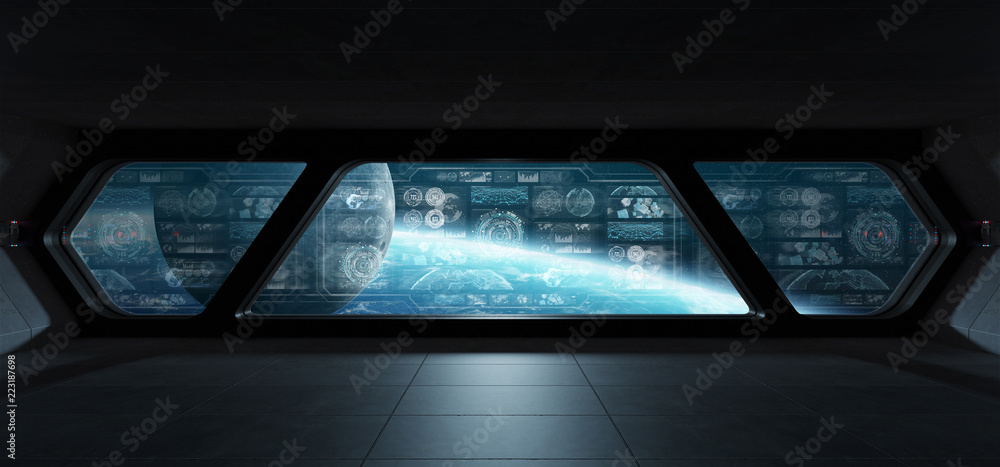 Dark spaceship interior with control panel digital screens 3D rendering