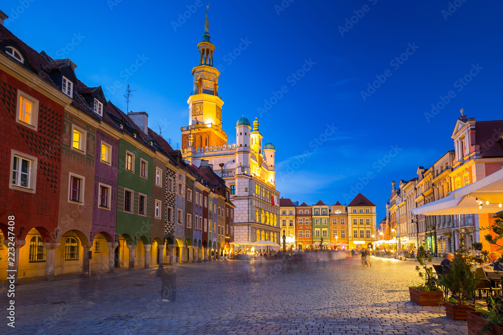 Architecture of the Main Square in Poznan at night, Poland.