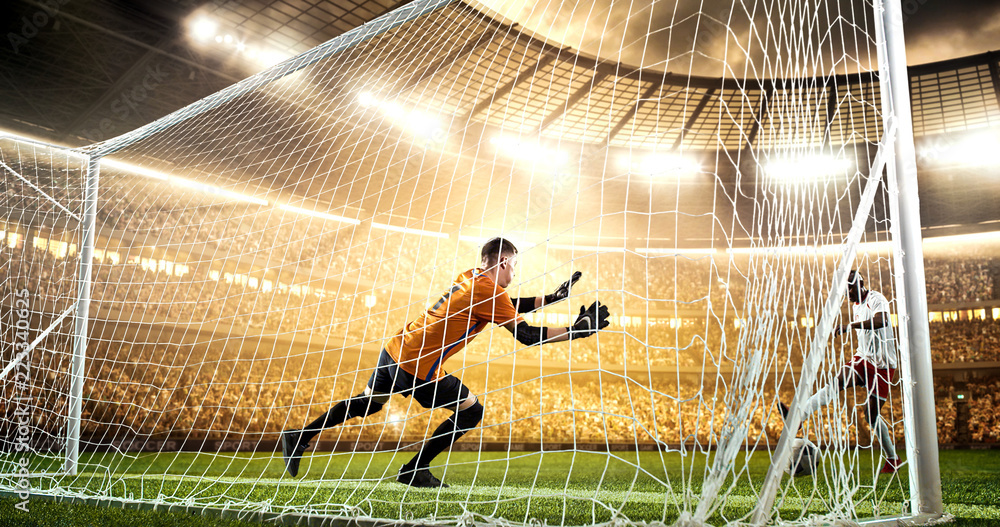 Intense soccer moment in front of the goal on the professional soccer stadium.