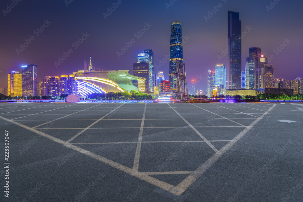 Road pavement and Guangzhou city buildings skyline