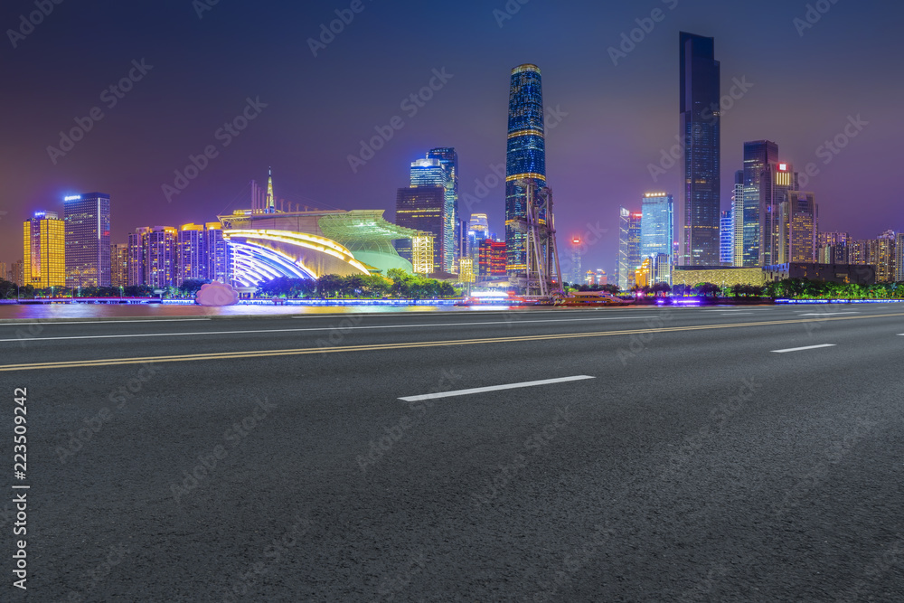 Road pavement and Guangzhou city buildings skyline