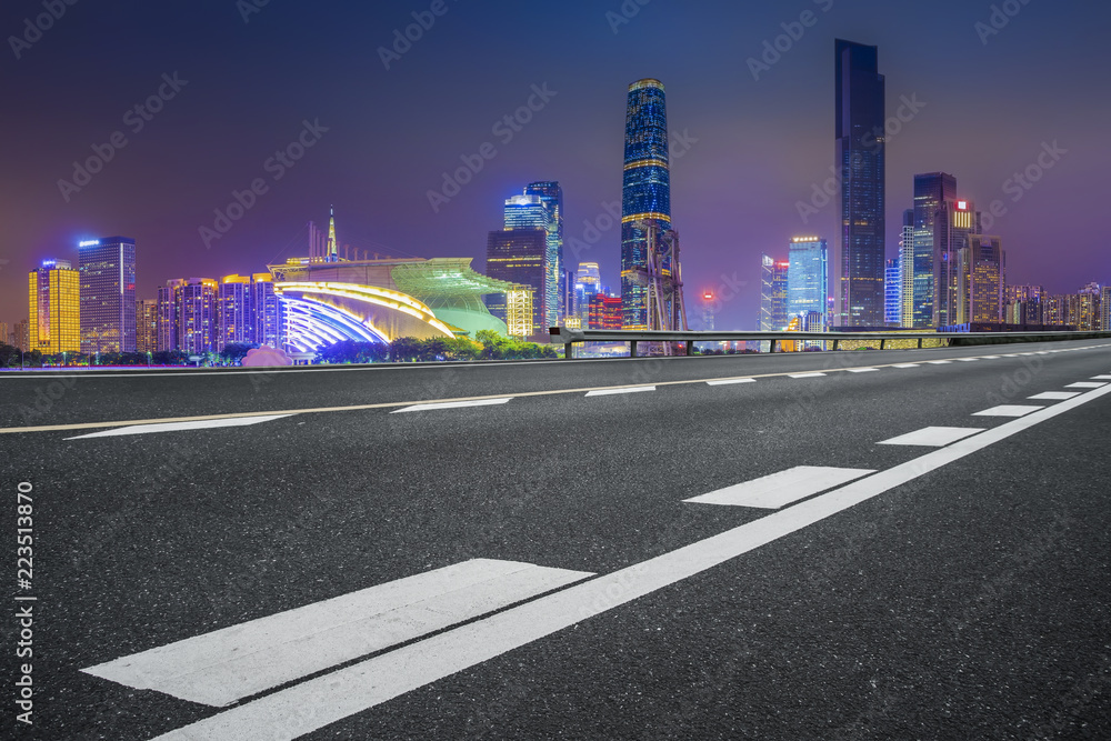 Road pavement and Guangzhou city buildings skyline