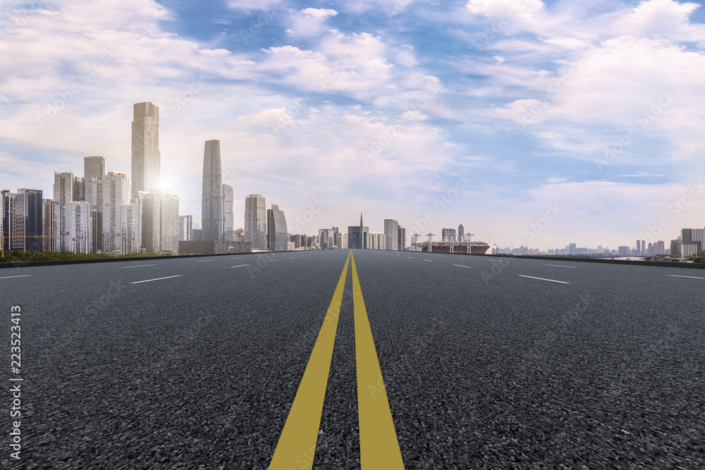 Road pavement and Guangzhou city buildings skyline