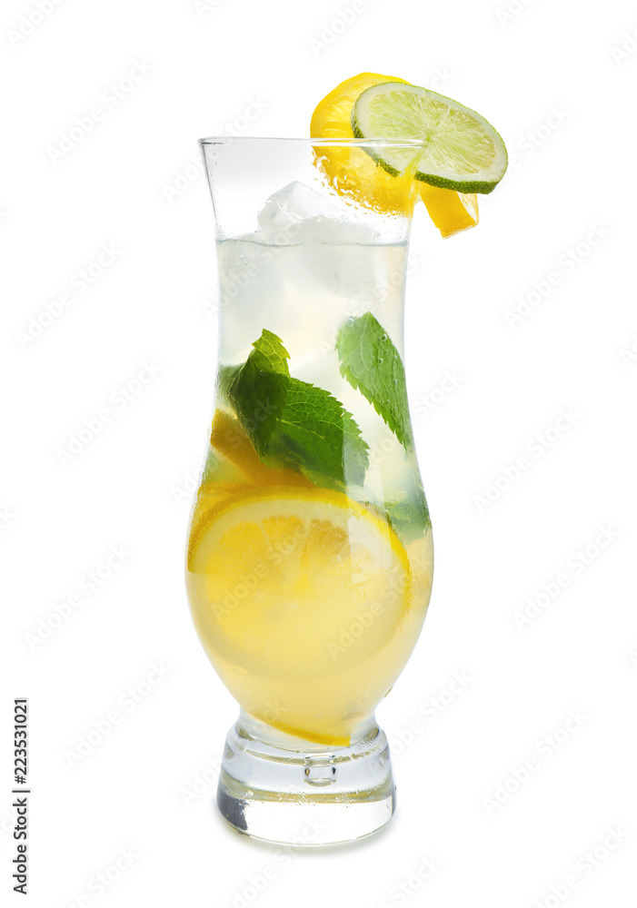 Glass of fresh lemonade on white background