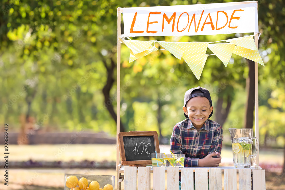 Little African-American boy at lemonade stand in park