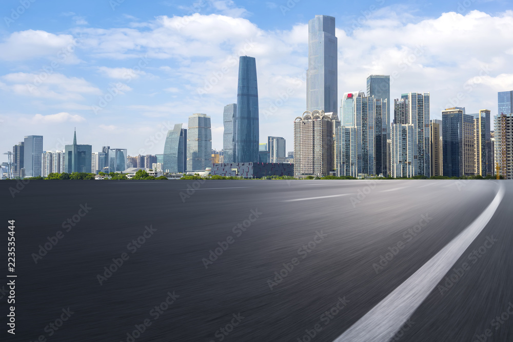 Road pavement and Guangzhou city buildings skyline