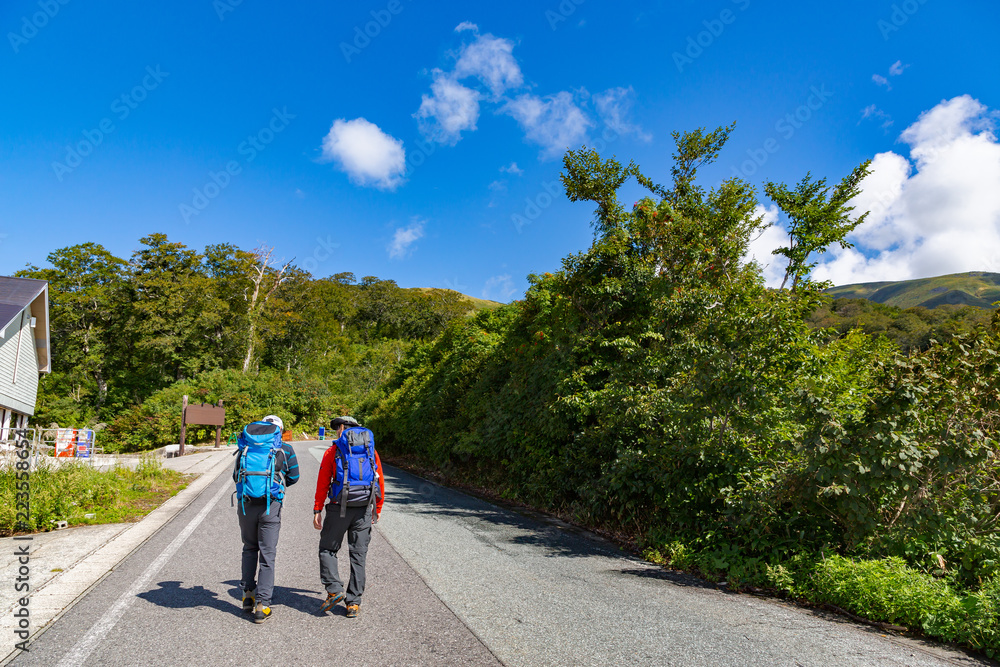 緑の山と登山道