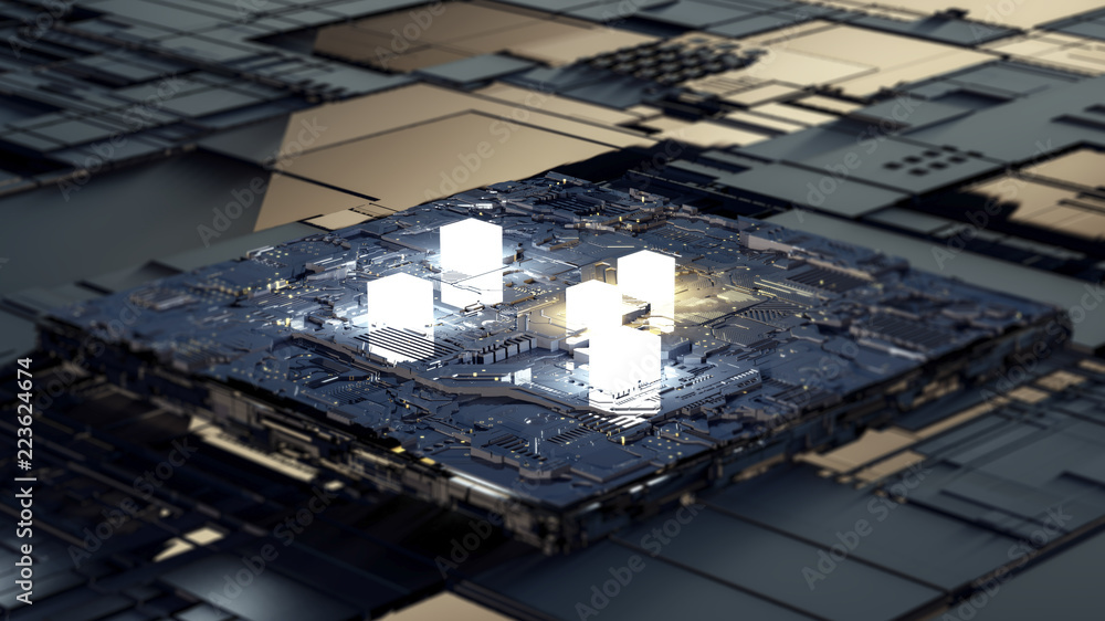 3d rendering, Circuit board and gold glow chip