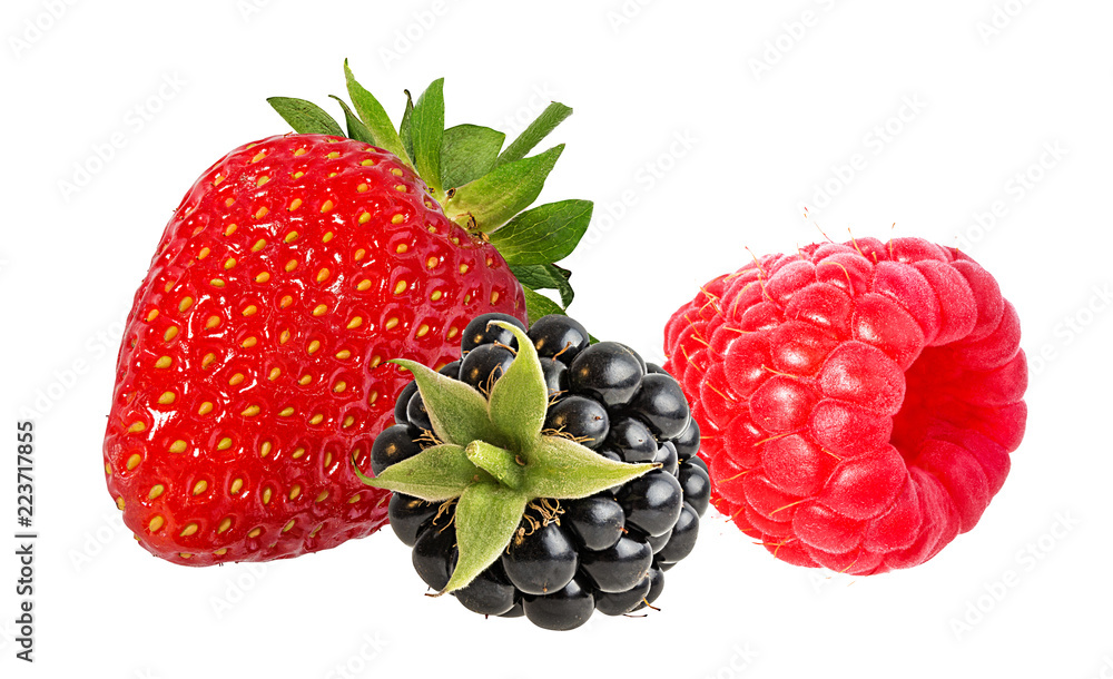 Blackberry, strawberries and raspberry isolated on white background