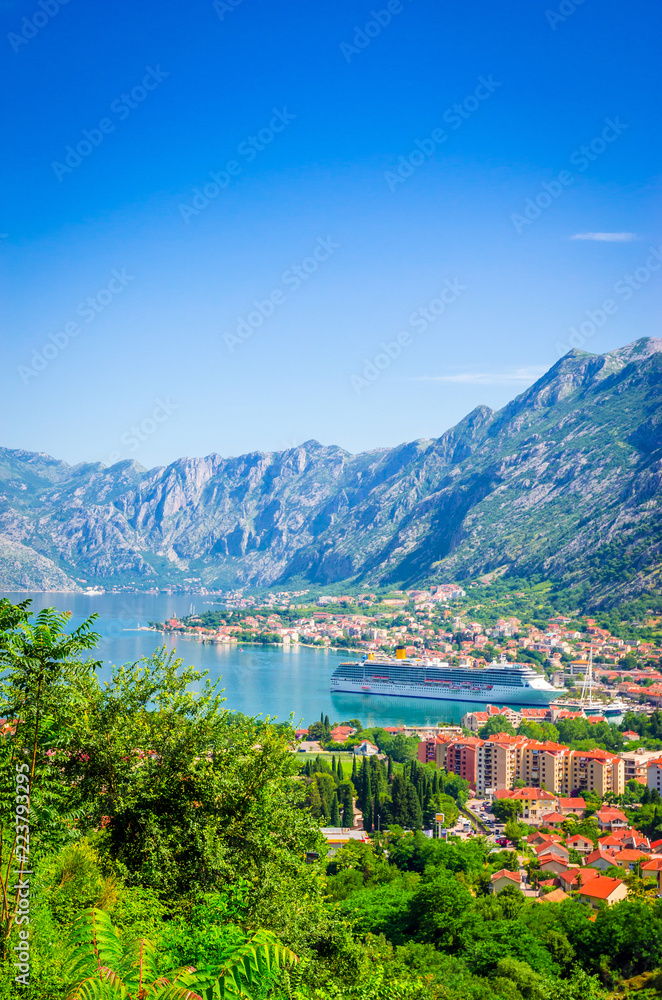 Panoramic view on Kotor bay and old town Kotor, Montenegro.