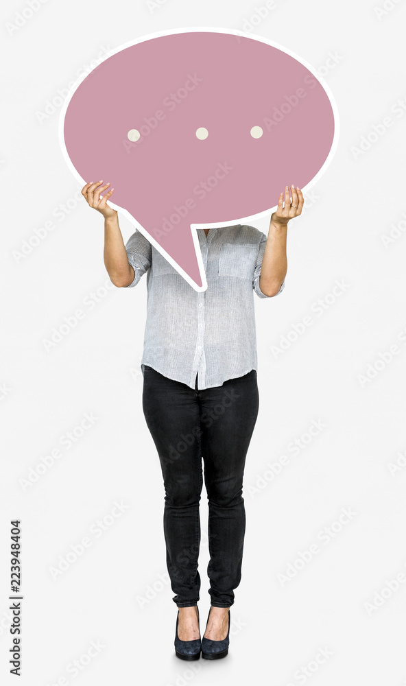 Woman holding a speech bubble symbol