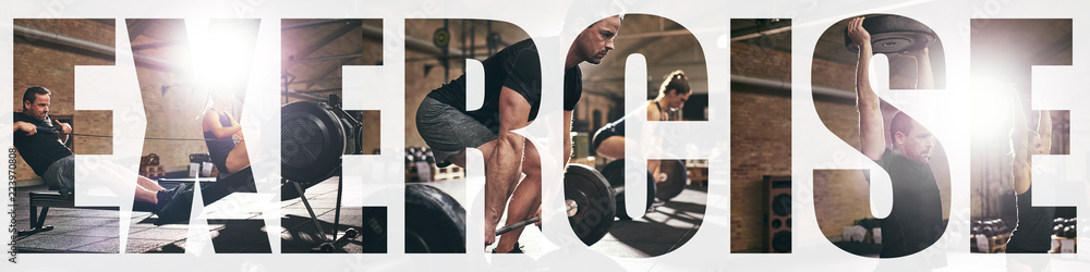 Collage of two fit people exercising in a gym