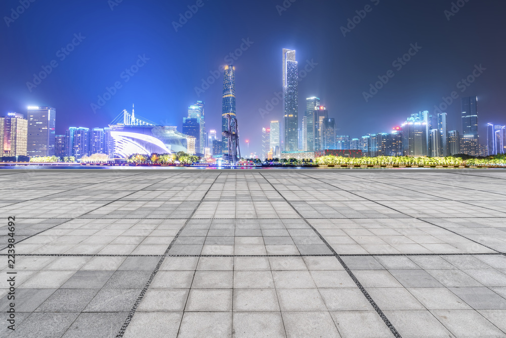 Urban skyscrapers with empty square floor tiles