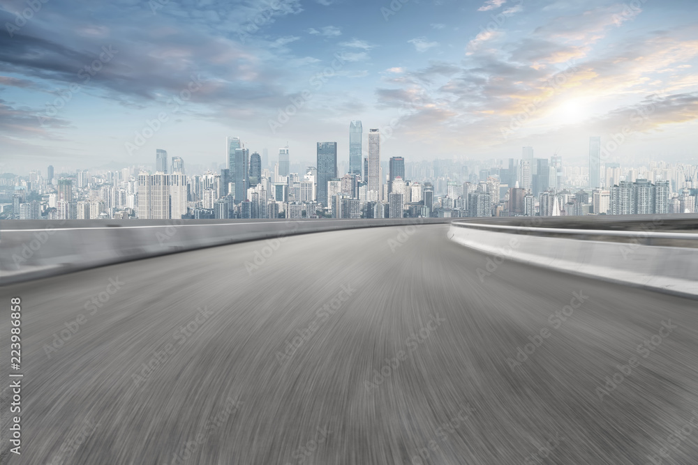 Road pavement and Chongqing urban architecture skyline