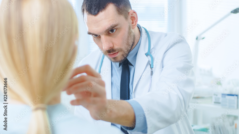 Over the Shoulder Shot of a Female Patient Sitting Patiently While Plastic / Cosmetic Surgeon Draws 