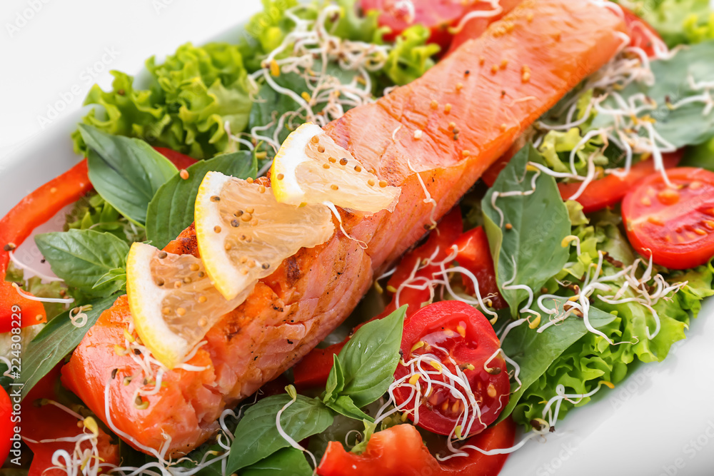 Tasty salmon with fresh salad, closeup