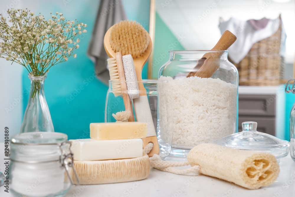 Body care accessories on table in bathroom