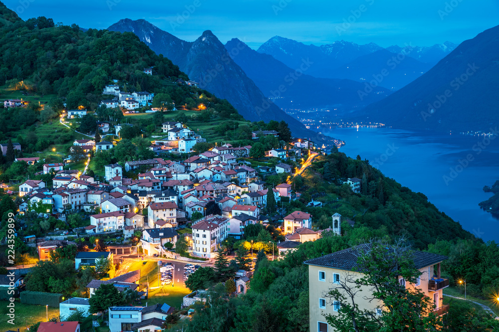 Village of Brè. Switzerland, May 11, 2018. View from Monte Brè Mountain of night village and range o