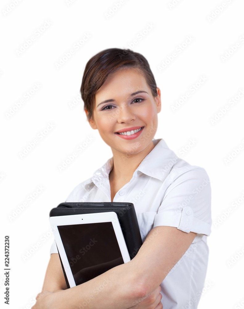 Smiling Young Woman with File Folder and Tablet