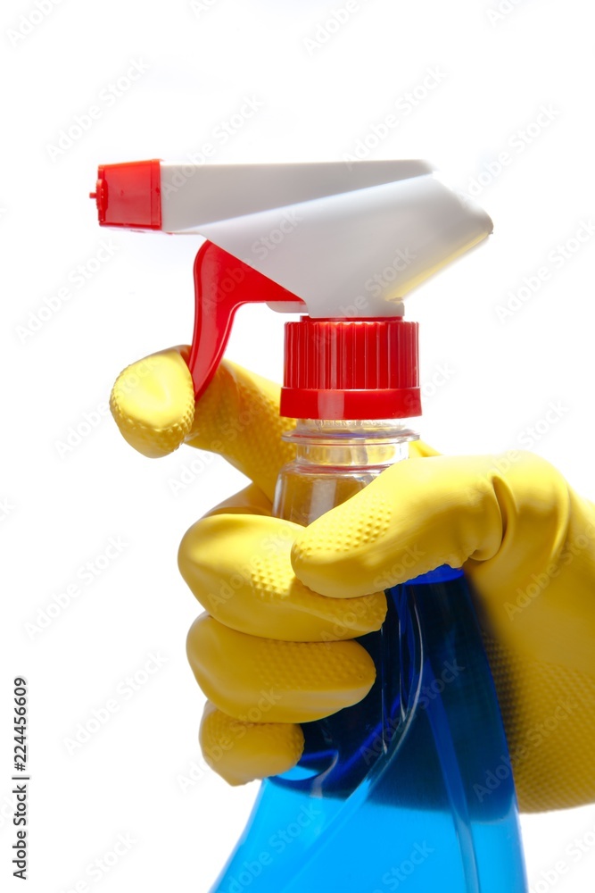 Hand in Rubber Glove Holding a Spray Bottle