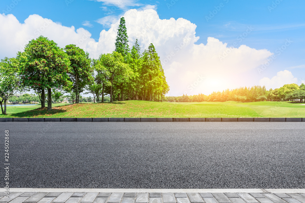 Empty asphalt road and green woods at sunset