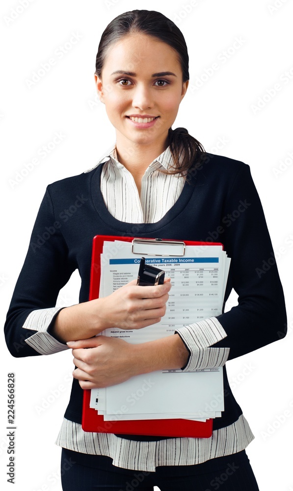 Portrait of young cute business woman at work isolated on white