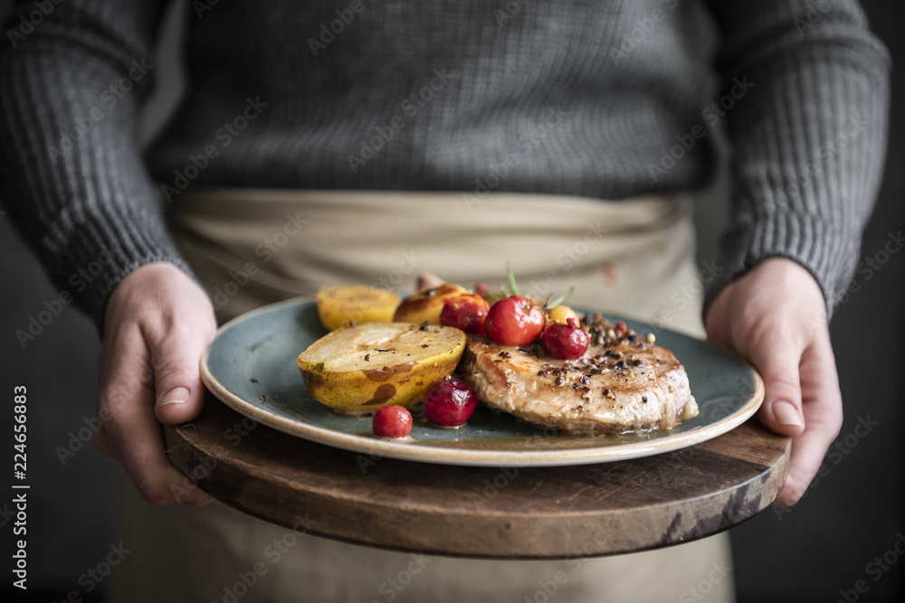 Pork chop with apples food photography recipe idea