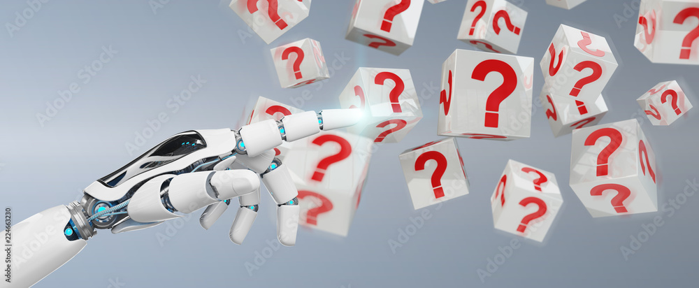 White robot hand using digital question marks 3D rendering