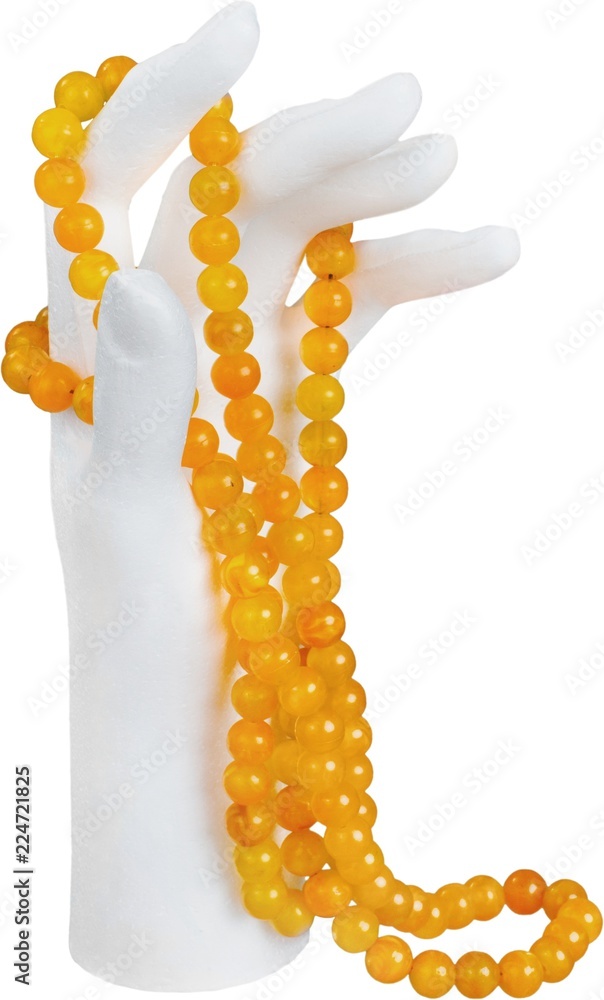 Beads on hand shape holder isolated on white background