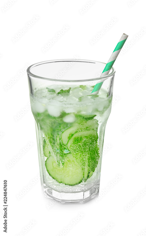 Glass of fresh cucumber water on white background